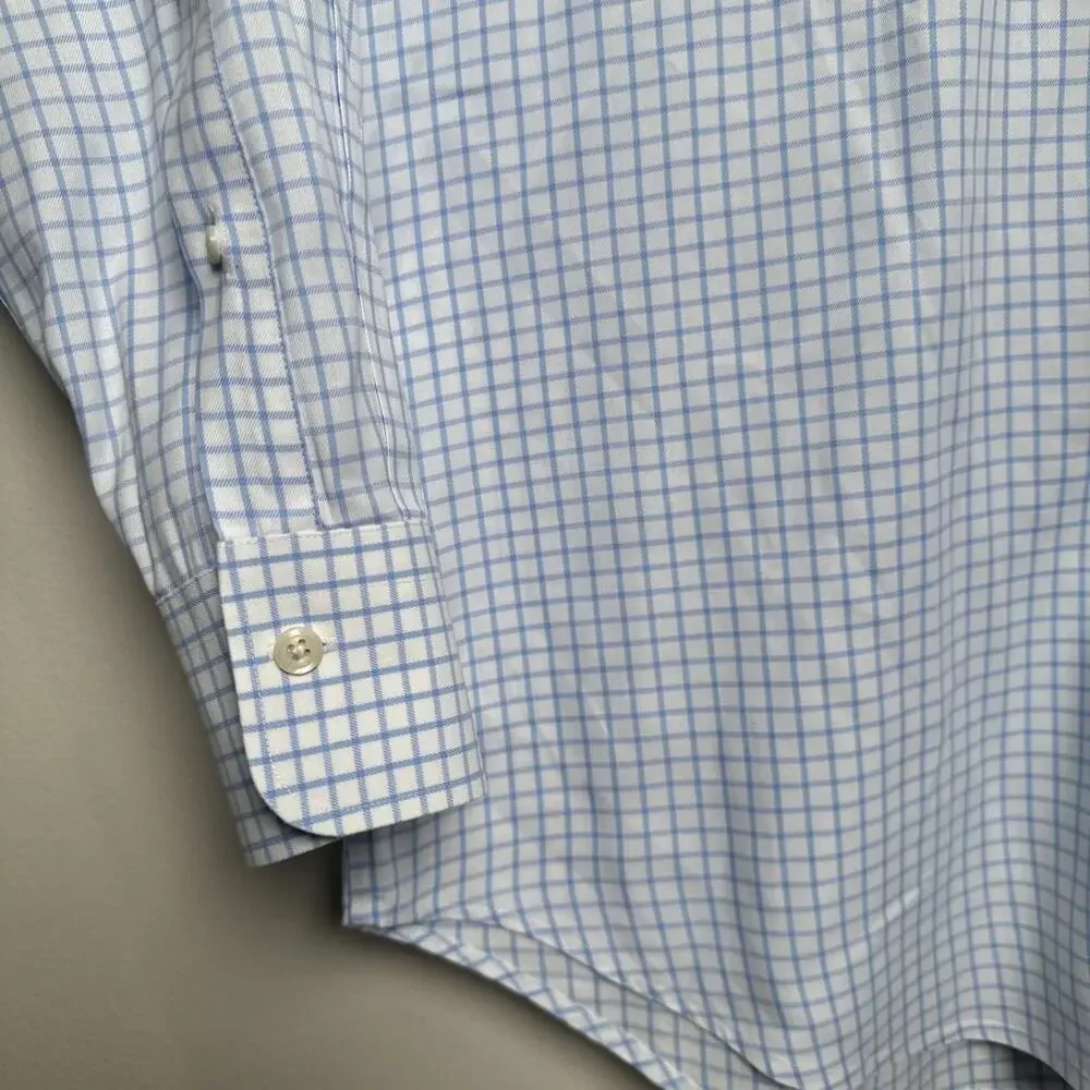 Peter Millar‎ Nanoluxe Shirt Mens L White Blue Check Cotton Collared Button Down